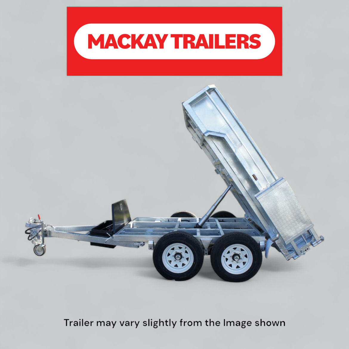 Picture of 10x5 S3500 Gal Tandem Axle Hydraulic Tipper Electric Brake Trailer ATM 3500kg
Package Includes:  8" Jockey Wheel, Spare Wheel Bracket, Spare Wheel and 600mm Cage