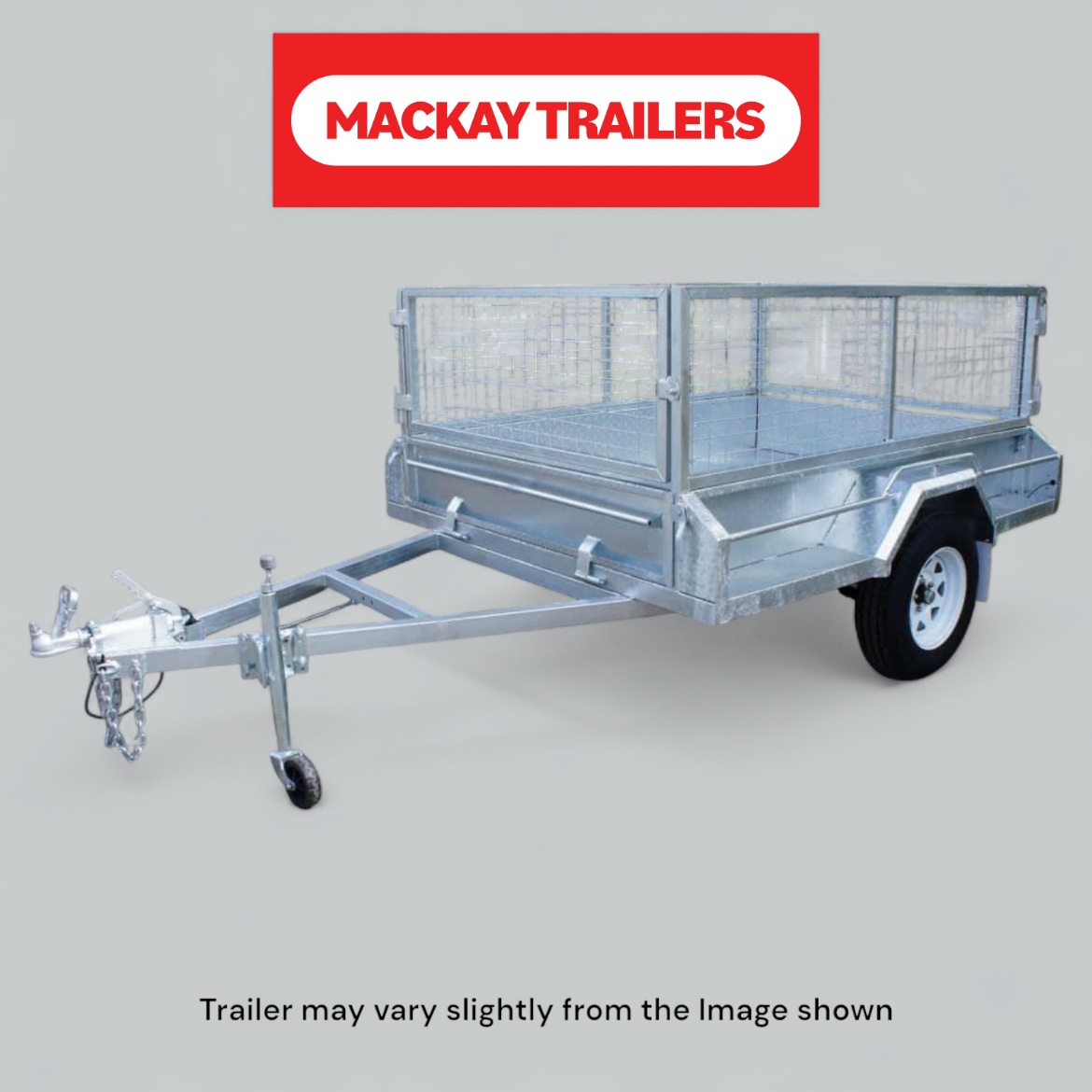 Picture of 8x5 S1400 Gal Single Axle Braked Trailer ATM 1400kg
Package Includes:  6" Jockey Wheel, Spare Wheel Bracket, Spare Wheel and 600mm Cage