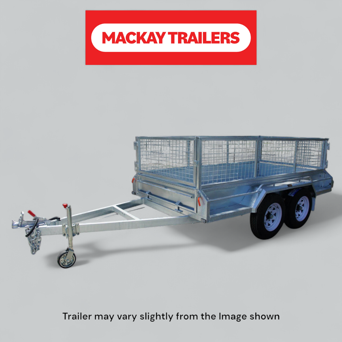 Picture of 10x5 S3500 Gal Tandem Axle Electric Brake Trailer ATM 3500kg
Package Includes:  8" Jockey Wheel, Spare Wheel Bracket, Spare Wheel and 600mm Cage