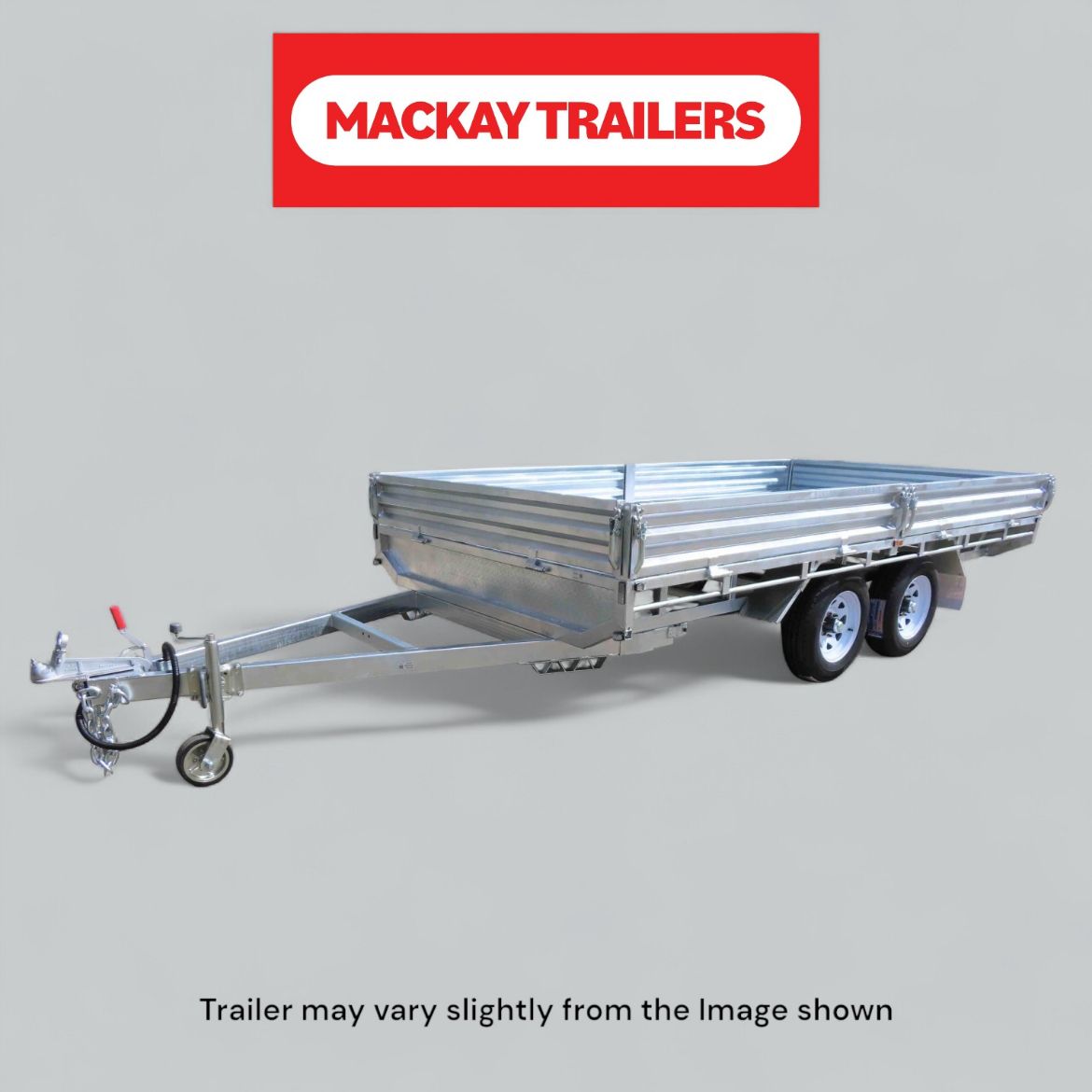 Picture of 10x7 S3500 Gal Tandem Axle Flat Top Hydraulic Tip Electric Brake Trailer ATM 3500kg
Package Includes:  8" Jockey Wheel, Spare Wheel Bracket, Spare Wheel, Ramps, 600mm Cage,
Ladder Rack & Headboard