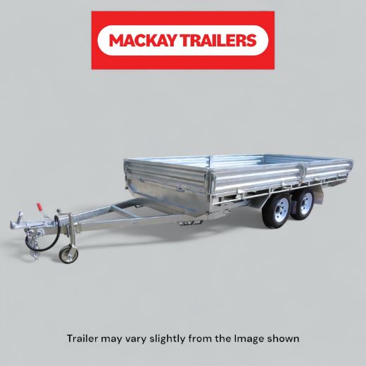 Picture of 10x7 S3500 Gal Tandem Axle Flat Top Hydraulic Tip Electric Brake Trailer ATM 3500kg
Package Includes:  8" Jockey Wheel, Spare Wheel Bracket, Spare Wheel, Ramps, 600mm Cage,
Ladder Rack & Headboard